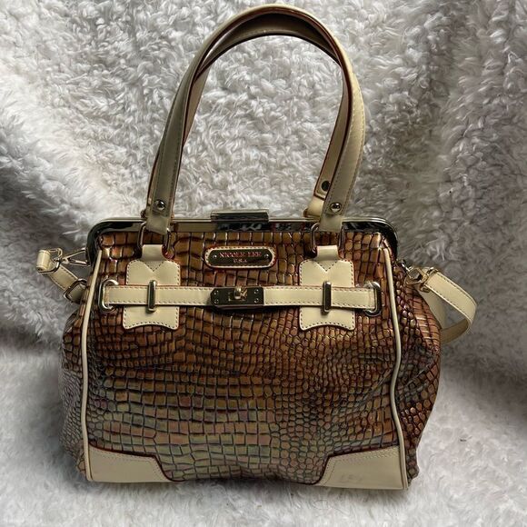 -Nicole Lee satchel patent metallic bronze faux crocs prints & beige trim - Picture 1 of 16